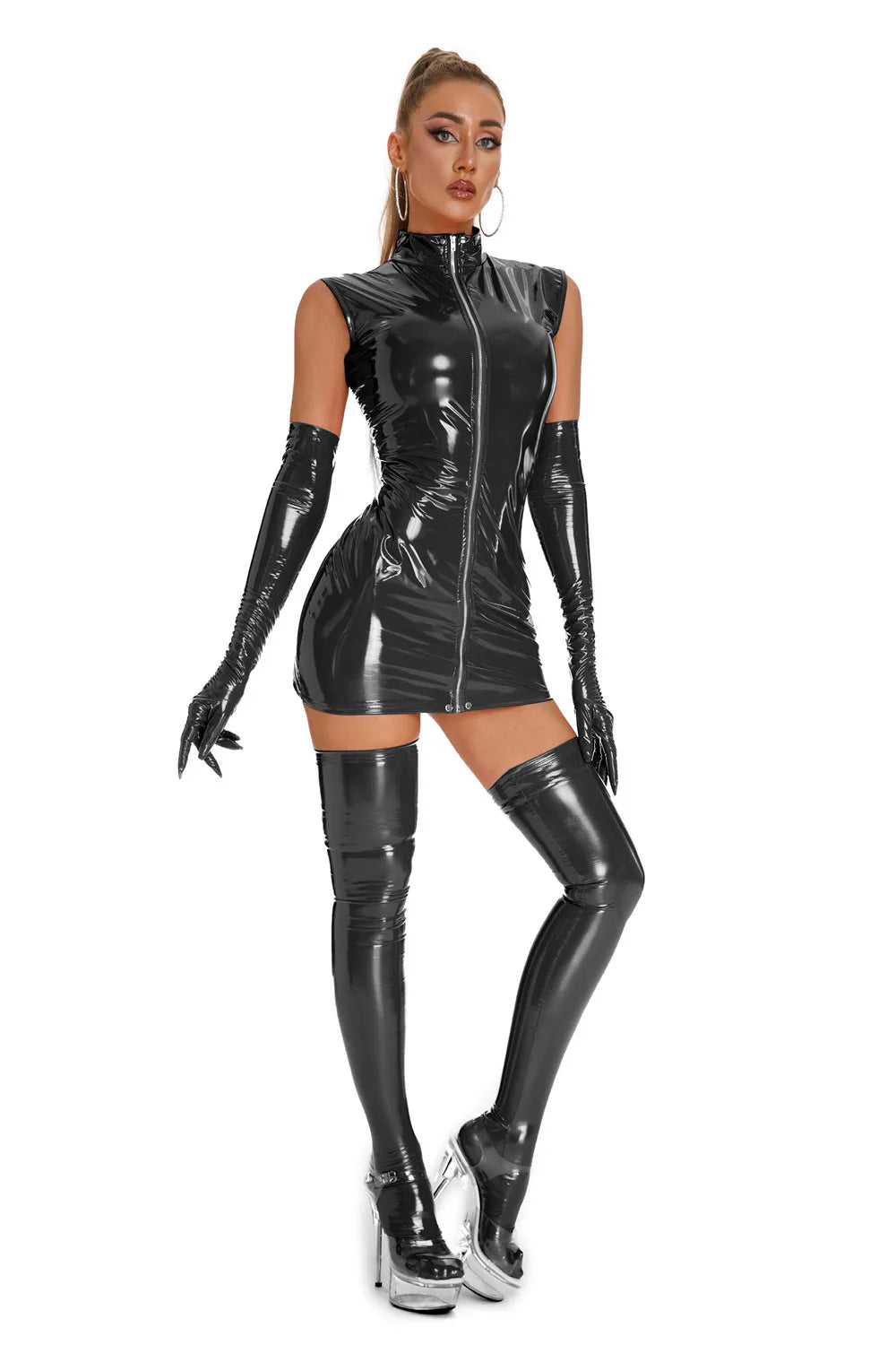 Women Sexy PVC Leather Dress with Stockings Gloves Shiny Latex Bag Hip Skirt Breast Exposing Porno Mini Dress