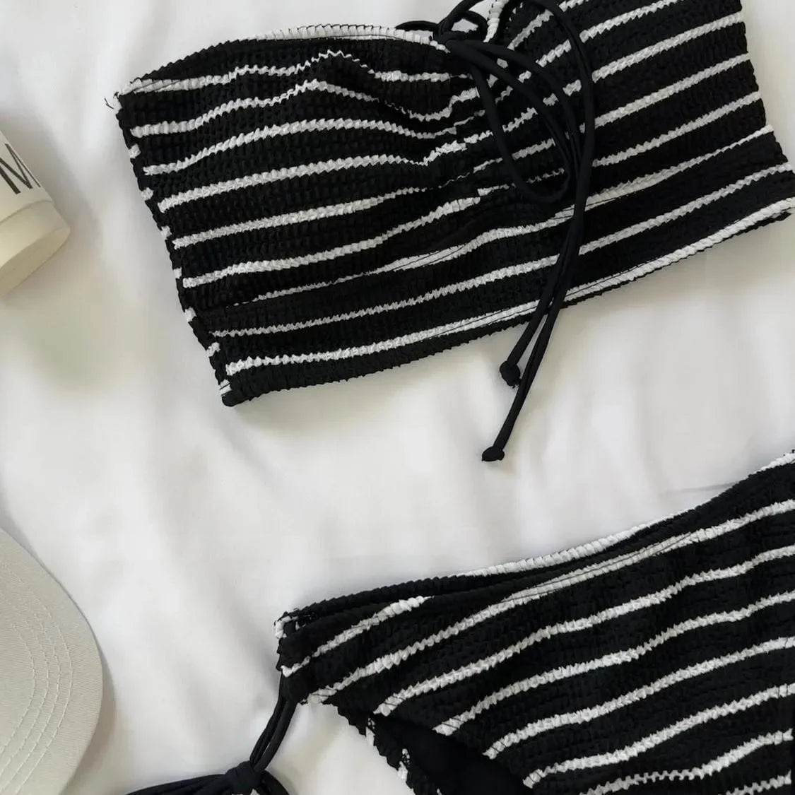 Bikini de rayas sin tirantes para mujer, traje de baño de tres piezas, diseño sexy de diva dividido, ideal para playa y natación.