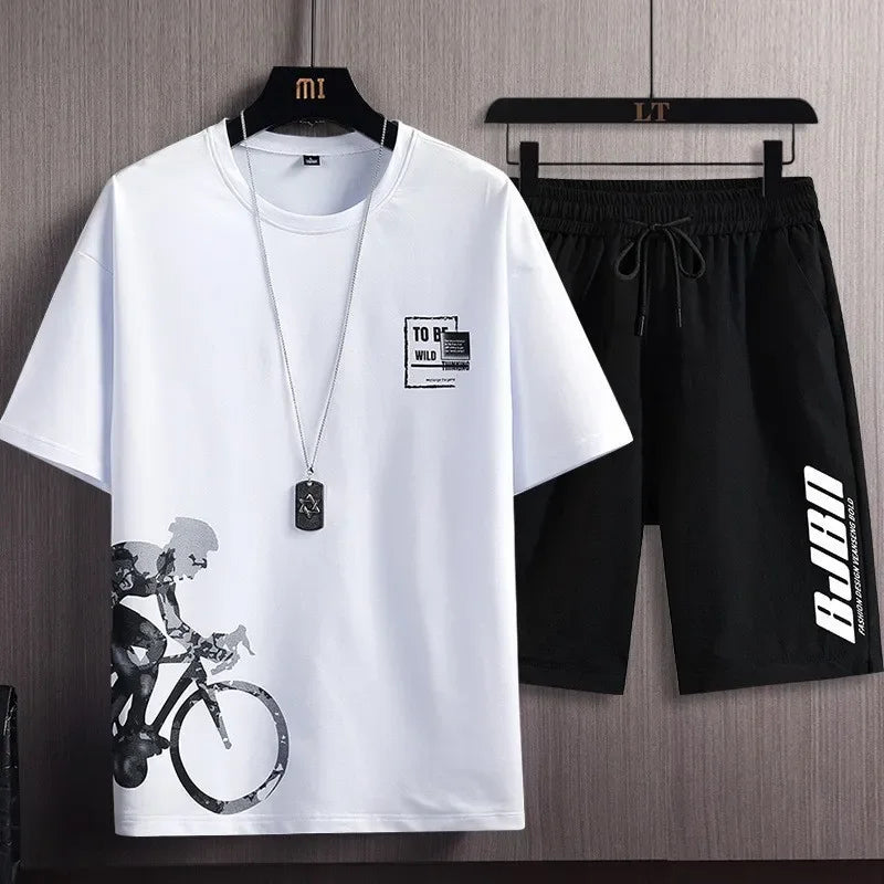 Conjunto deportivo de dos piezas para hombre, camiseta de manga corta a la moda, estilo veraniego, con estampado de montañas nevadas, corte entallado, versión coreana