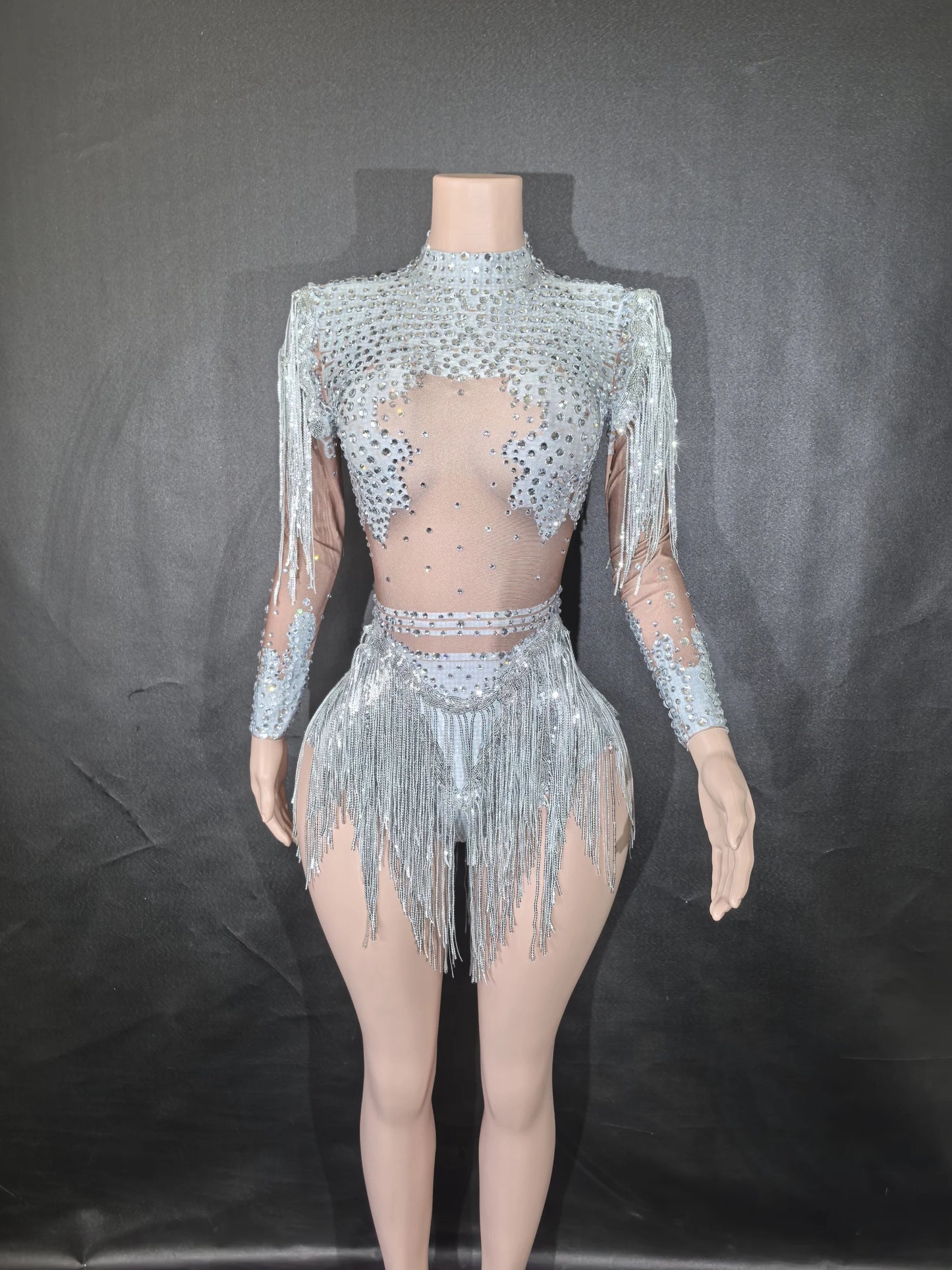 Sexy Skinny Leotard Singer Dancer Show StageWear Sparkly Blue Rhinestones Women DanceCostume Fringes One Shoulder Bodysuit 7G