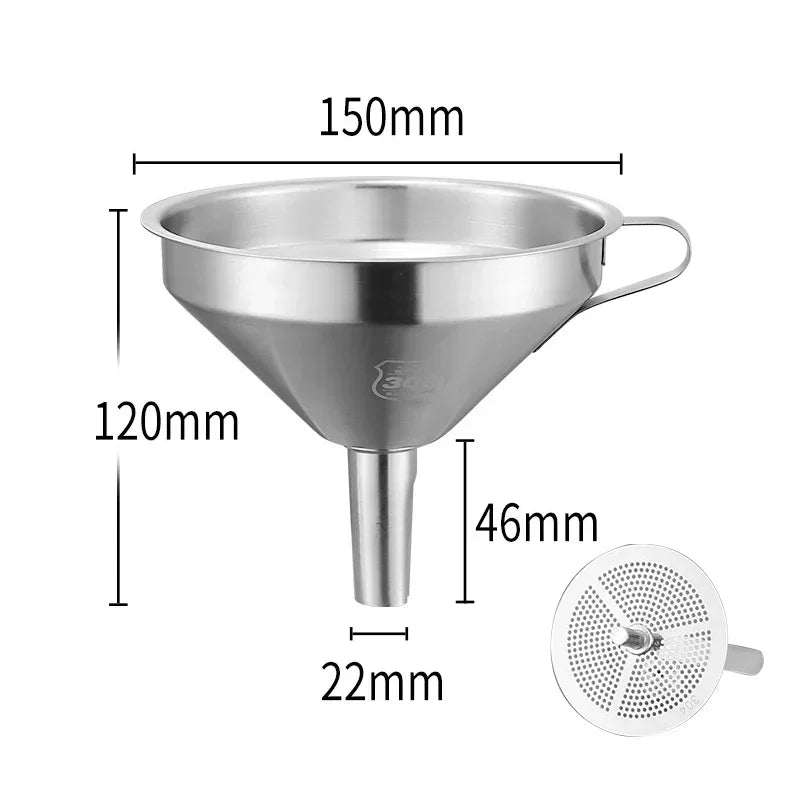 Embudo de acero inoxidable 304 de boca ancha con filtro de malla para aceite de cocina, especias líquidas y utensilios de cocina.
