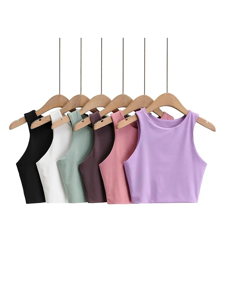 Tops ajustados sexis de moda de verano 2023 para mujer, cuello redondo, sin mangas, de nailon doble, de buena calidad, en 6 colores