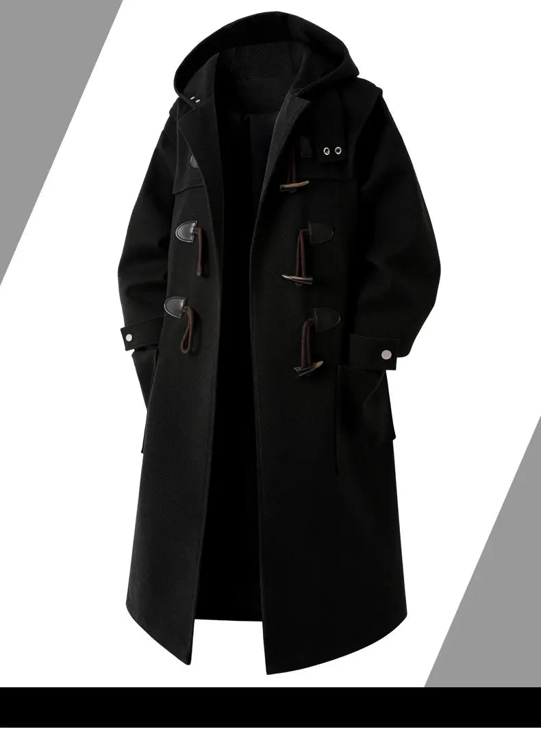 Autumn Men Thick Hooded Trench Coat Men Korean Wool Blends Overcoat Men Casual Horn Button Woollen Coat Black Warm Loose Coat