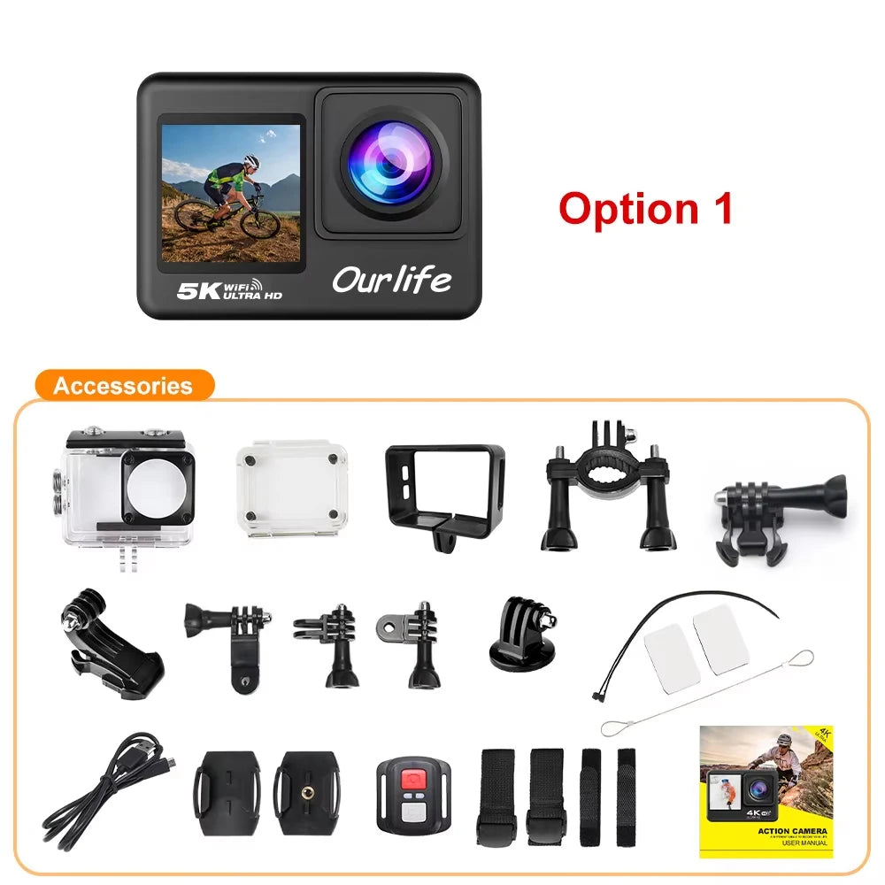 Cámara de acción Ourlife 5K 4K60FPS, pantalla táctil de 2.0 pulgadas, WiFi, gran angular de 170°, resistente al agua hasta 30 m, con casco, grabación de vídeo, cámaras deportivas.