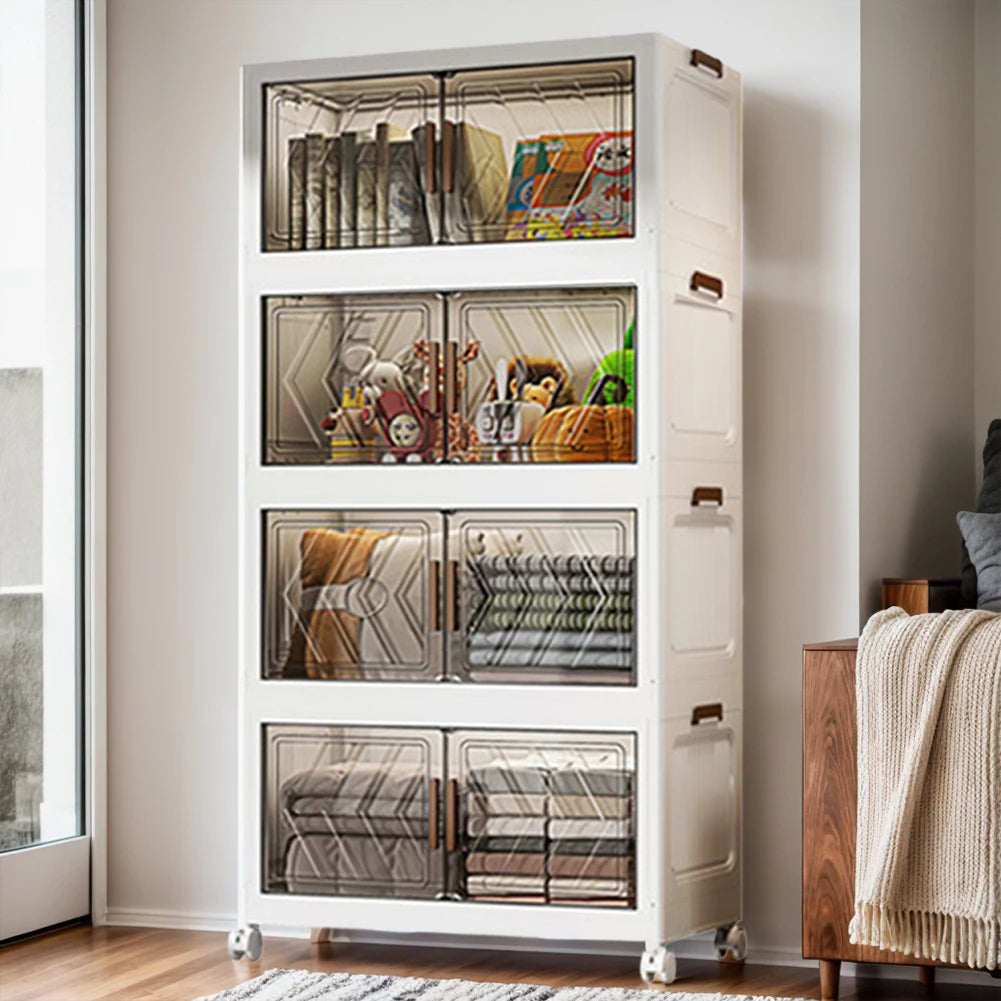 Contenedores de almacenamiento apilables de 4 niveles con puertas y ruedas, cajón organizador plegable para sala de estar, dormitorio y oficina.