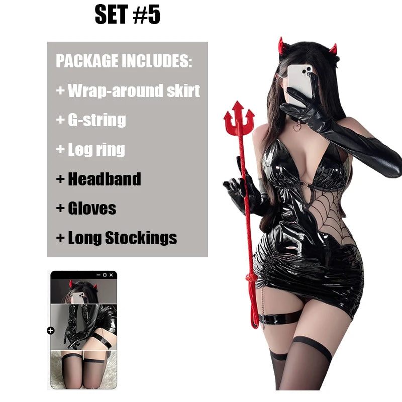 Porn Women Sexy Lingerie Seductive Spiderweb Faux Leather Bodycon Dress Tight Hip Halloween Outfit Stocking