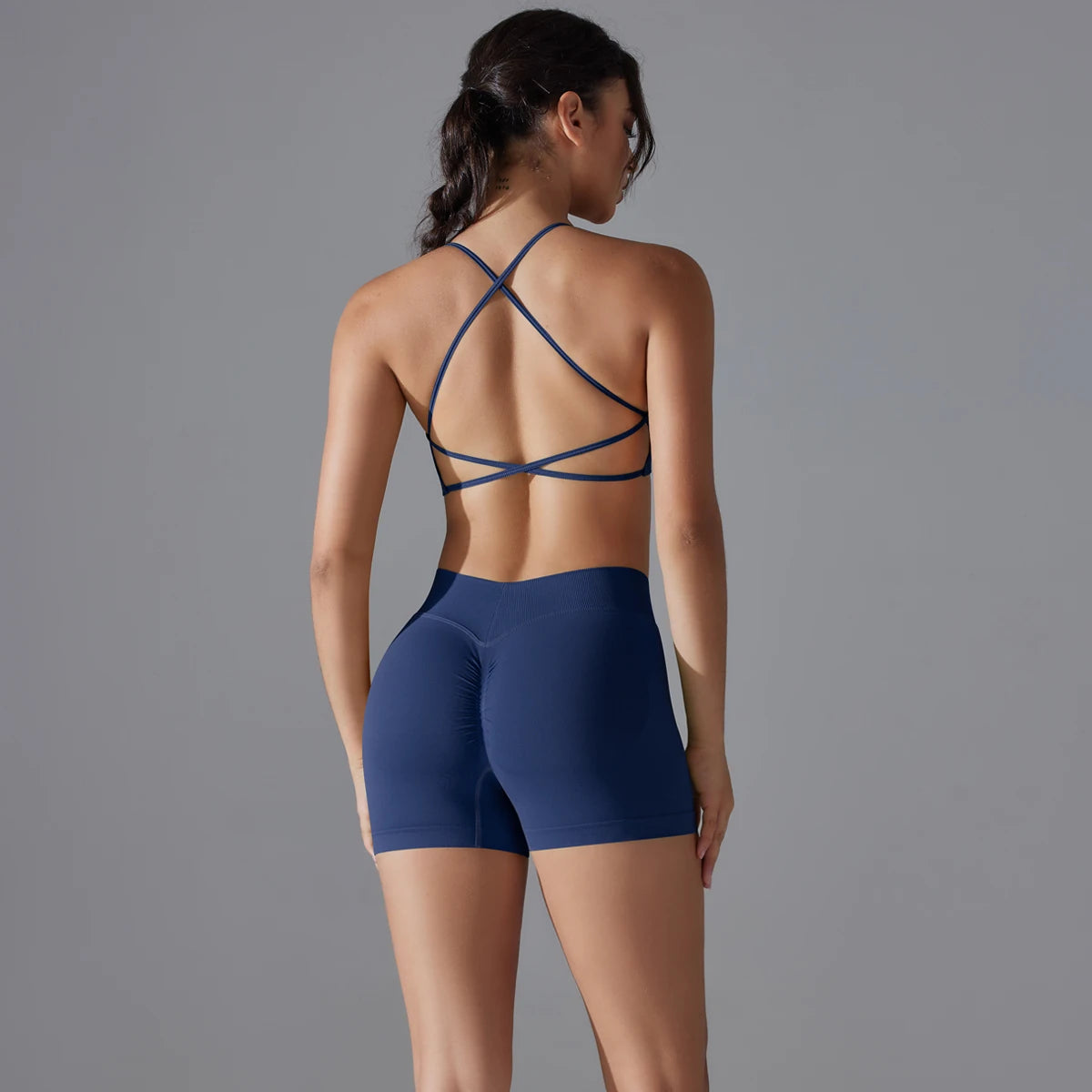 Conjunto deportivo de yoga, mallas de gimnasio de secado rápido, tirantes cruzados con absorción de impactos, pantalones cortos de ciclismo para mujer, entrenamiento de yoga.