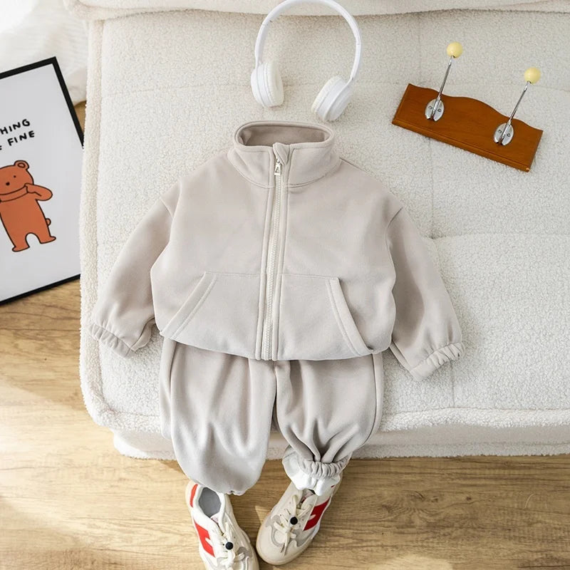 Conjuntos de ropa para bebés y niños, de invierno, de forro polar, informales, 2 piezas, conjunto deportivo para niñas y niños, abrigo y pantalones de 1 a 5 años
