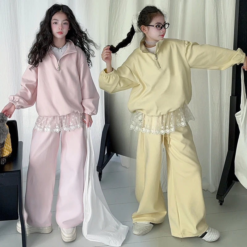 Conjunto de ropa infantil de primavera y otoño para niñas, sudadera de manga larga y pantalones de dos piezas, ropa deportiva informal de encaje para niños