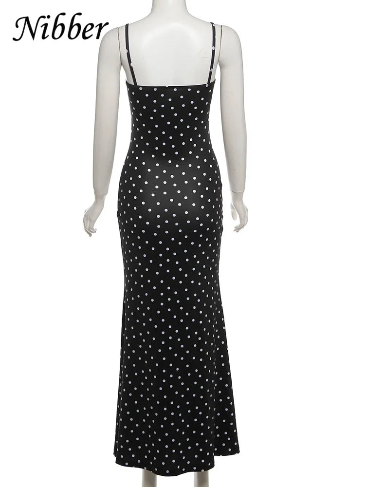 Vestido Nibber de verano, estilo moderno, con escote barco, estampado de lunares, tirantes finos, corte ajustado, elegante, estilo maxi, ideal para salir de fiesta.