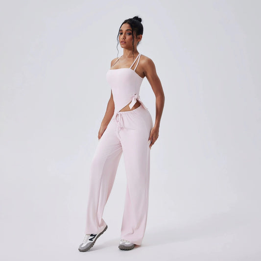 Conjunto de yoga de 2 piezas para mujer, camisetas deportivas con lazo lateral, top corto de entrenamiento, conjunto de fitness, leggings de cintura alta para correr y gimnasio