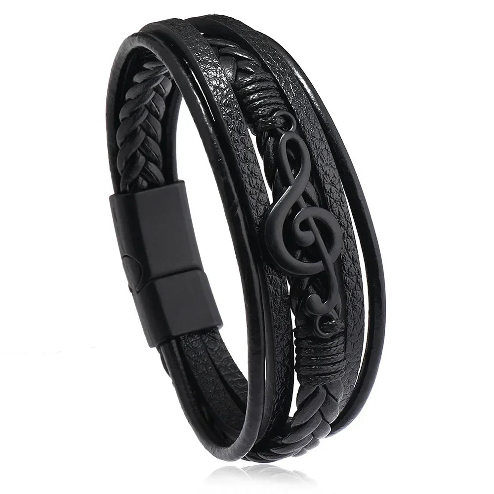 Pulseras para hombre, nuevas pulseras retro creativas con símbolo musical, pulseras sencillas de cuero multicapa con hebilla magnética, joyería