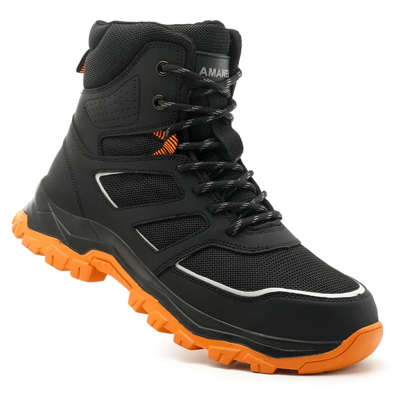 Zapatos de seguridad para hombre, antideslizantes, antiperforación, antiaplastamiento, con puntera de acero, botas de trabajo de caña alta, para taller de forja.