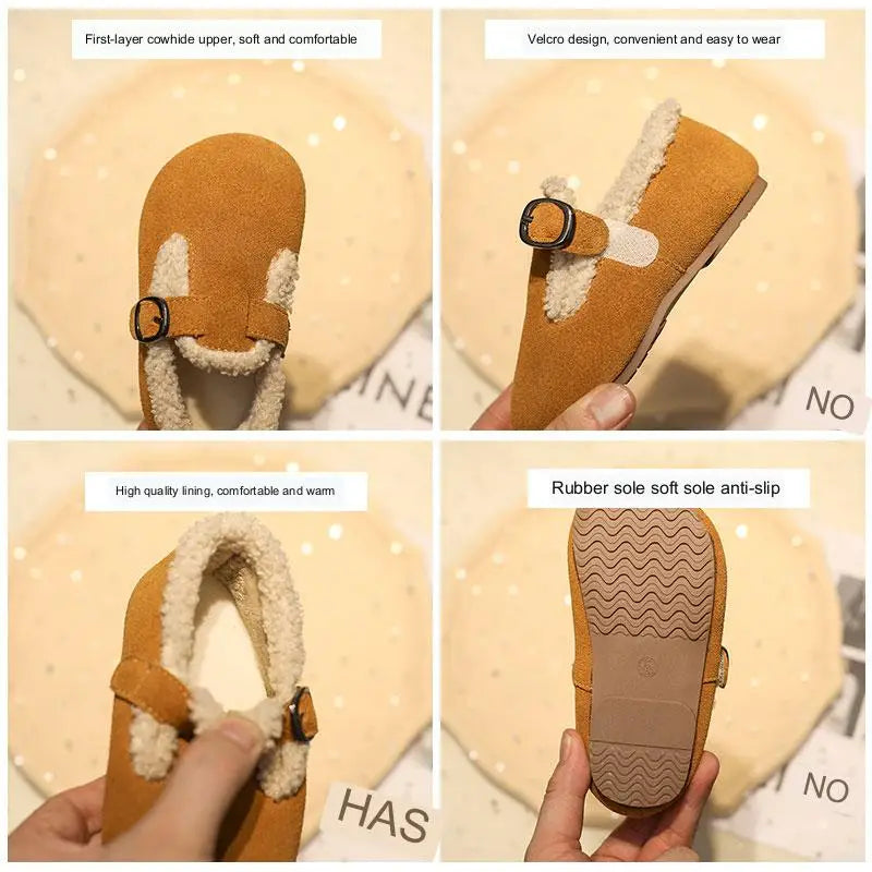 Zapatos planos de invierno para niñas, botas de nieve cálidas de algodón afelpado, suela suave y antideslizante para bebés que empiezan a caminar.
