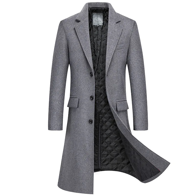 Black Men Wool Long Trench Coat Stylish Single Breasted Quilted Lined Wool Blend Pea Coats Men Winter Cashmere Coat Windbreaker