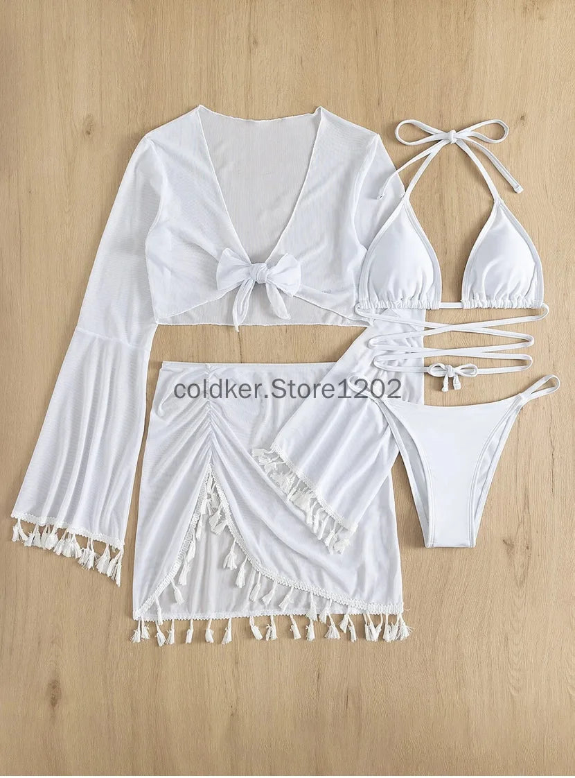 4 Piece Swimming Suit Women Beach Wear Solid Tassel Cover Up Mesh Mini Skirt Bikinis Set Cute Swimming Pool Outfit Summer
