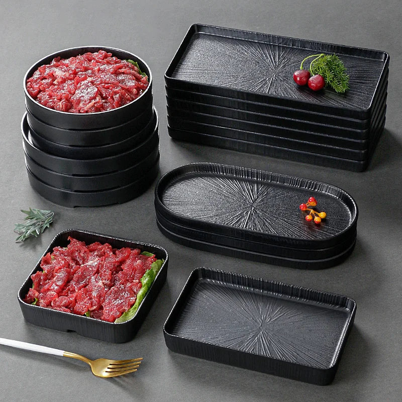 Plato de melamina negro para cena, sartenes de sushi gruesas, platos de barbacoa de porcelana de imitación, bandeja para servir comida en casa, vajilla para el hogar.