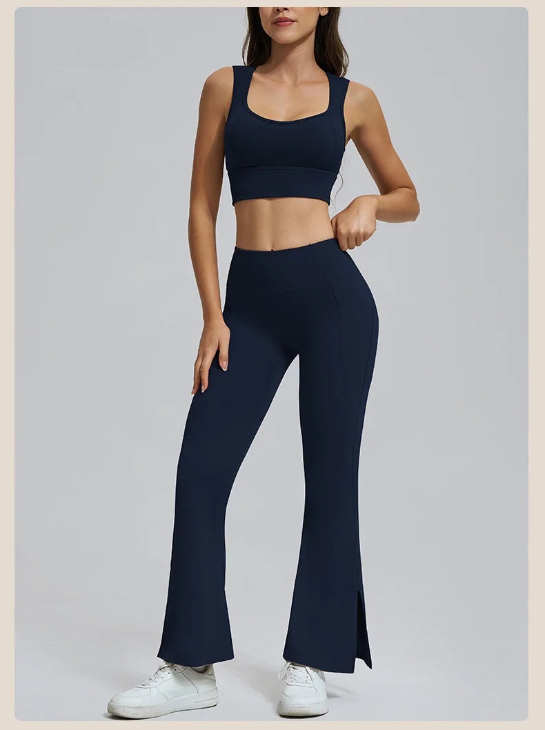 Conjuntos de yoga para mujer, sujetador deportivo con espalda hueca y amortiguación, leggings de cintura alta y acampanados, ropa de gimnasio, ropa para correr y entrenar.