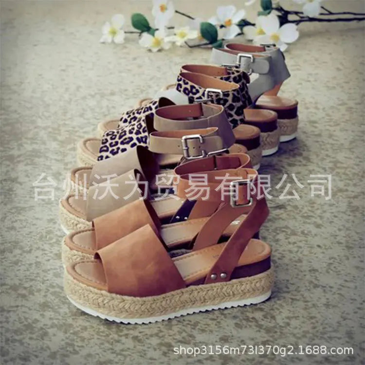 Sandalias de mujer de talla grande, estilo verano 2021, suela gruesa, diseño de hebilla y correa tejida, cómodas cuñas secas de EVA, sandalias romanas