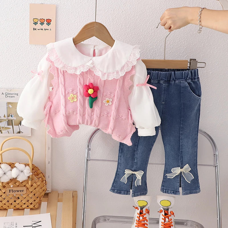 Conjuntos de ropa para niñas, camiseta, chaleco floral, pantalones vaqueros con lazo, ropa de bebé para primavera y otoño, conjuntos para bebés, chándal para niños