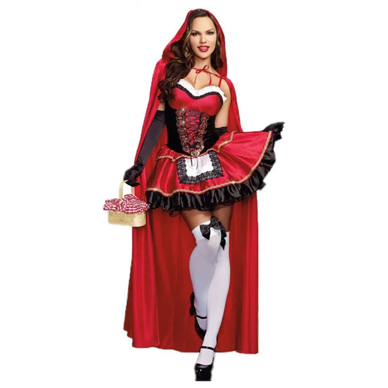 Women Little Red Riding Hood Costume Fancy Adult Halloween Cosplay Fantasia Carnival Fairy Tale Girl Dress+Cloak Women Party Set