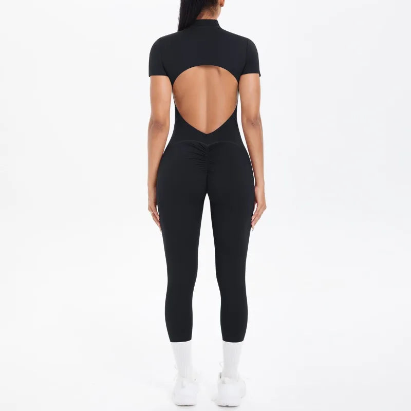 Mono deportivo de yoga sexy con cremallera frontal, espalda descubierta, manga corta, pantalones cortos, ropa deportiva para fitness, correr, gimnasio, yoga y actividades deportivas para mujer.