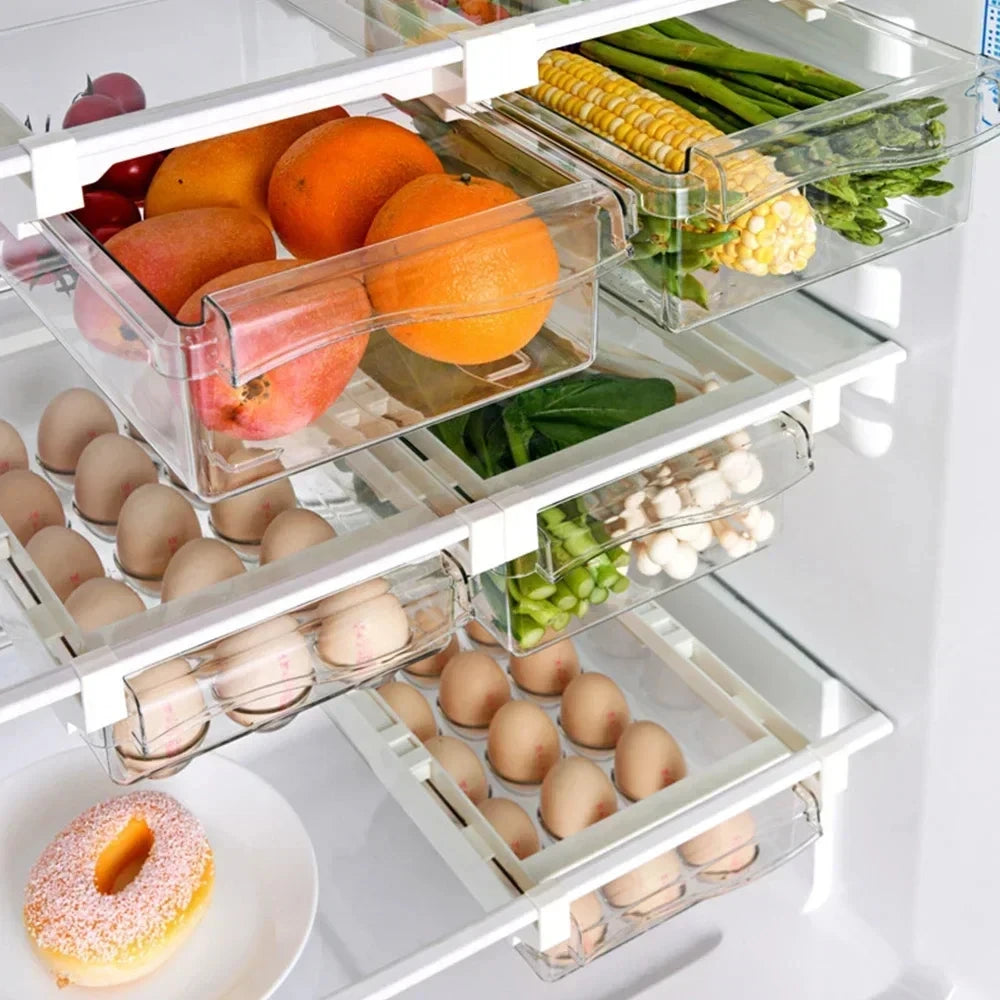 Organizador de refrigerador transparente, caja de almacenamiento para huevos de frutas, cajón debajo del estante, organizador de cocina para mantener la frescura.