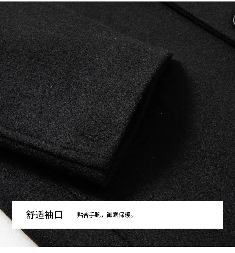 Black Men Wool Long Trench Coat Stylish Single Breasted Quilted Lined Wool Blend Pea Coats Men Winter Cashmere Coat Windbreaker