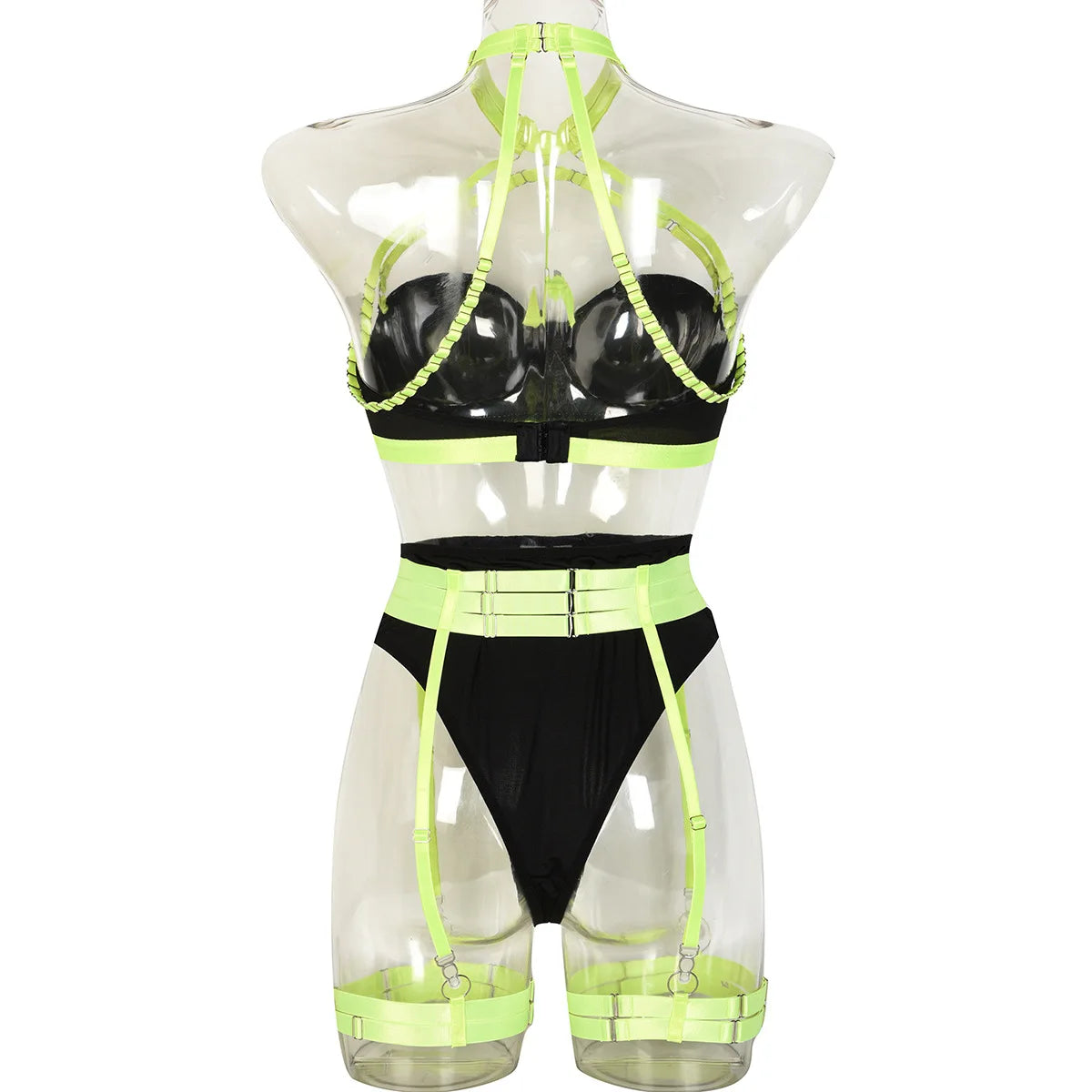 Conjunto de lencería sexy para mujer, con panel de encaje, escote en V profundo, glúteos abiertos, tirantes con forma de corazón de melocotón, cadena cruzada, liguero, ropa interior de tres piezas