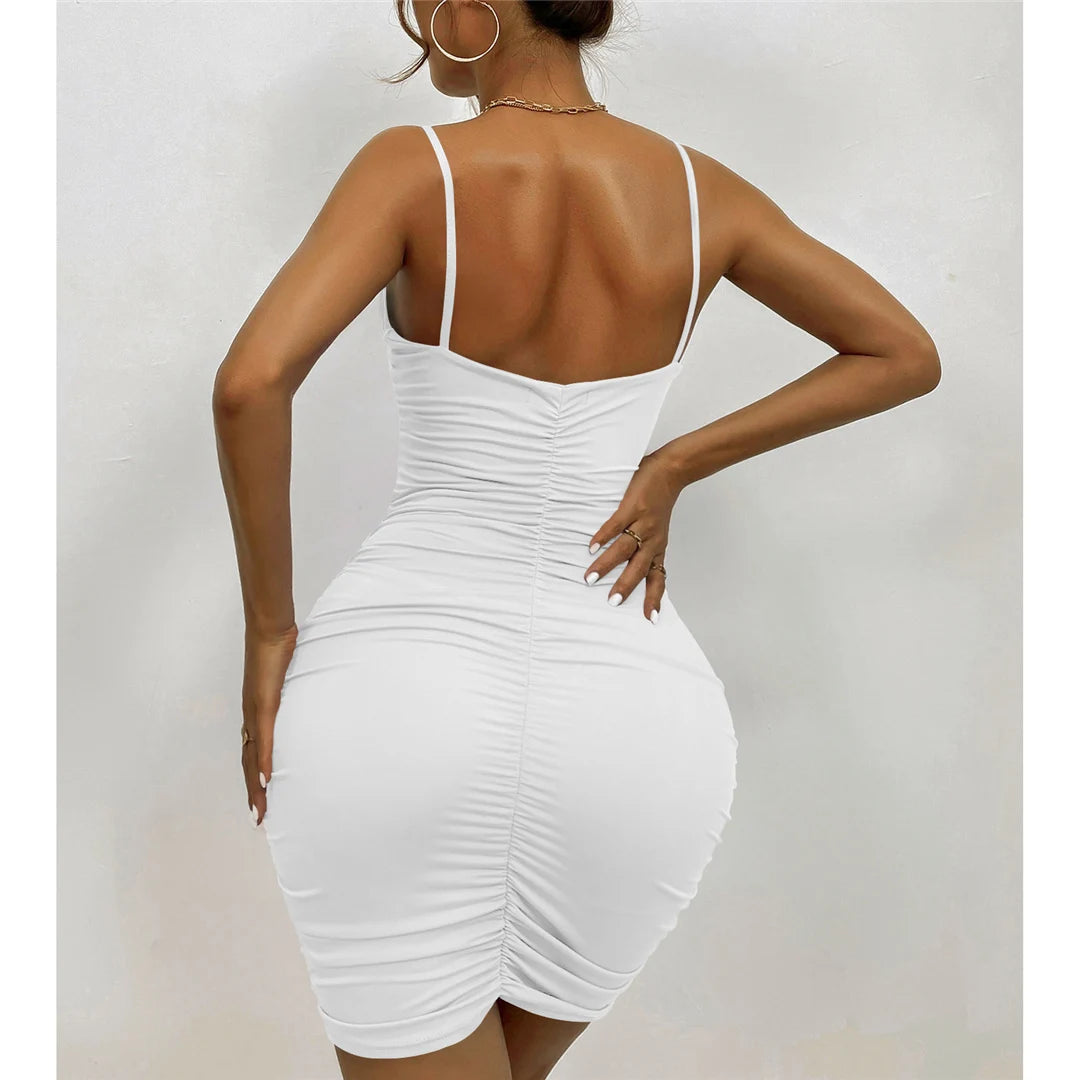 7 Color Sexy Wrinkled Pleated V Neck Sling Dress Short Club Ladies 2025 Summer Bodycon Dress Evening Party Tight Mini Dress D007