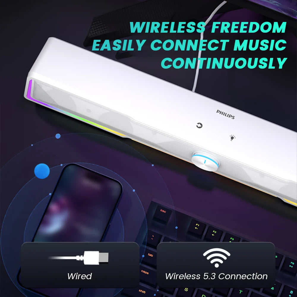 PHILIPS SPA4100 Sound King, diseño sencillo, unidad de diafragma de 52 mm, ambiente estéreo, con tiras de luz RGB y perillas independientes