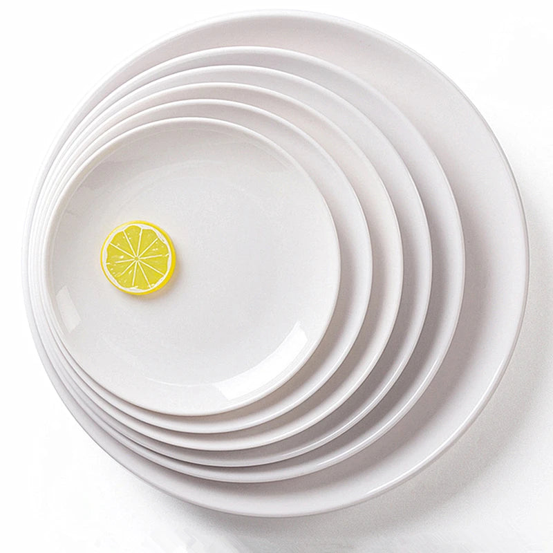 Plato redondo de melamina blanca de 8-14 pulgadas para cena, bandejas para carne estilo occidental, vajilla de hueso para postre, platos de plástico de imitación de porcelana.