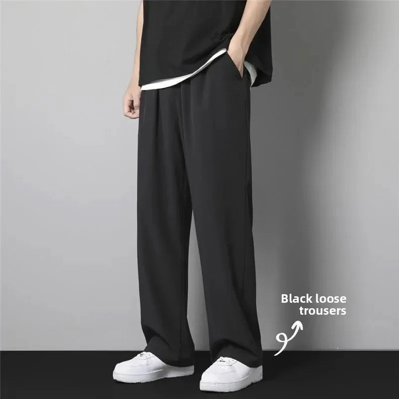 Pantalones de verano de seda de hielo para hombre, finos, holgados, de pierna recta, deportivos, de secado rápido, informales, de pierna ancha y largos, para estudiantes