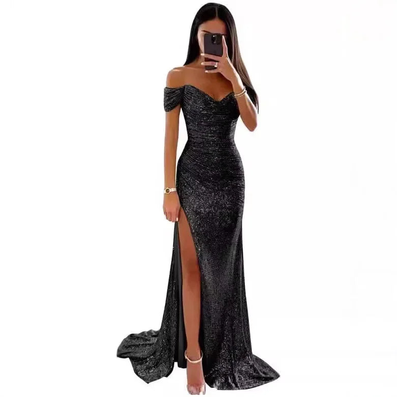 Vestido de fiesta sexy con abertura lateral y lentejuelas brillantes para mujer, de poliéster, sin bordes, ligero y a la moda.