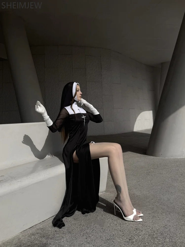 Sexy Anime Nun Cosplay Costume Women Fancy Dress Uniform Halloween Party Adult Madonna Dress Black Fancy Robe Headdress Set 2025