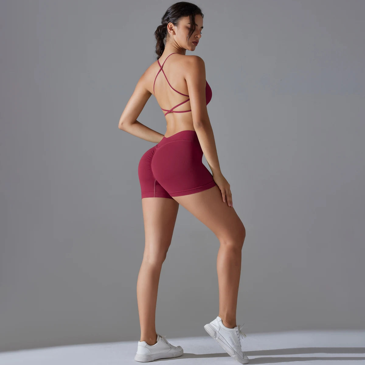 Conjunto deportivo de yoga, mallas de gimnasio de secado rápido, tirantes cruzados con absorción de impactos, pantalones cortos de ciclismo para mujer, entrenamiento de yoga.