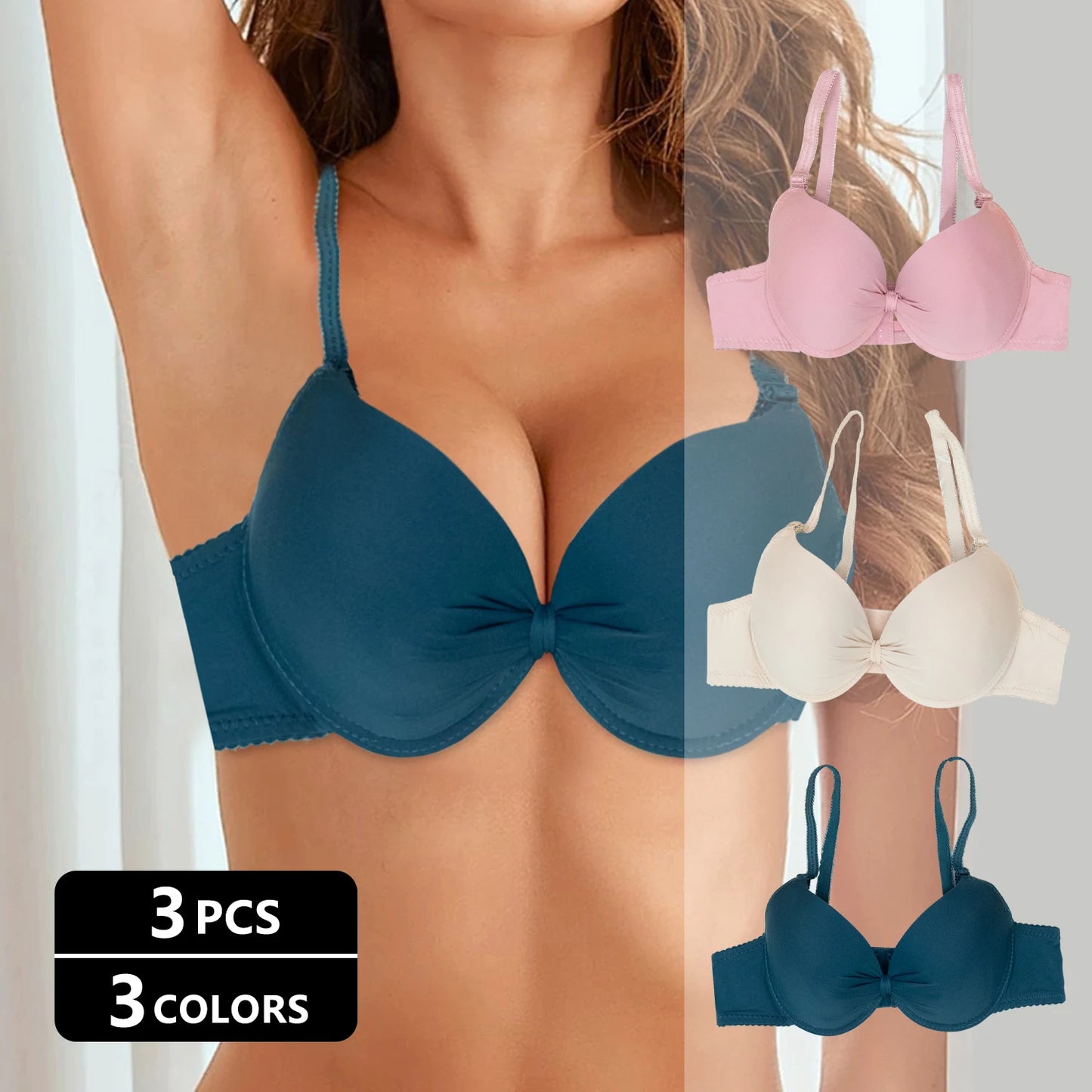 Conjunto de lencería cómoda de 3 piezas de encaje multicolor para mujer, estilo casual y cómodo, tirantes con circonitas y ajustable.