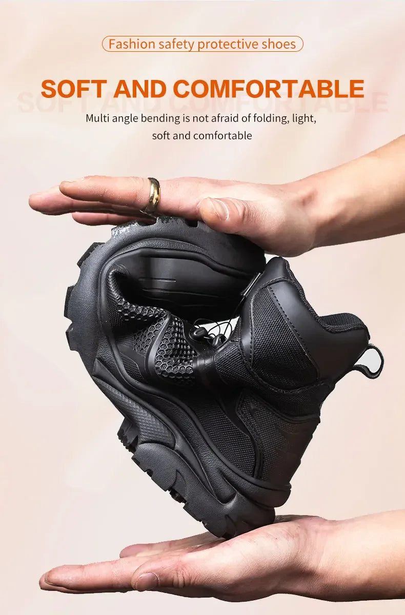 Botas de trabajo con hebilla giratoria, zapatos de seguridad con punta de acero, zapatos de seguridad transpirables para hombre, zapatos indestructibles de marca, zapatos de trabajo a prueba de pinchazos.
