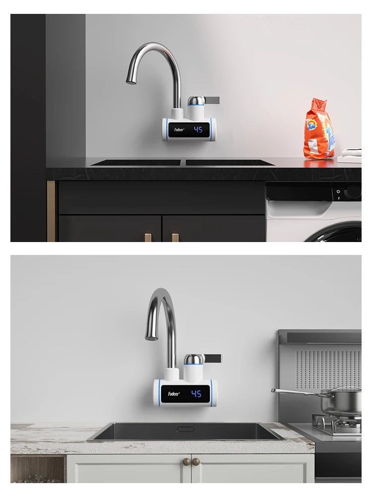 Calentador de agua eléctrico Fudeer de 3000 W y 220 V para grifo de cocina, sin tanque, calentamiento instantáneo, mezclador con agua caliente y pantalla digital.