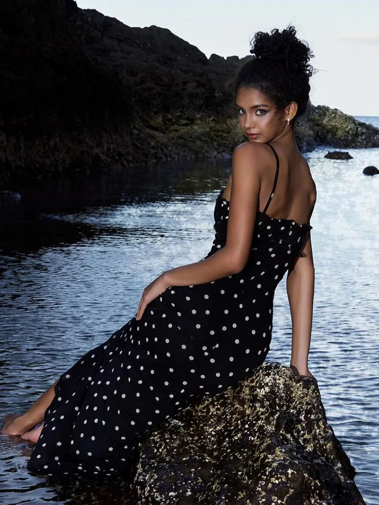 Vestido Nibber de verano, estilo moderno, con escote barco, estampado de lunares, tirantes finos, corte ajustado, elegante, estilo maxi, ideal para salir de fiesta.