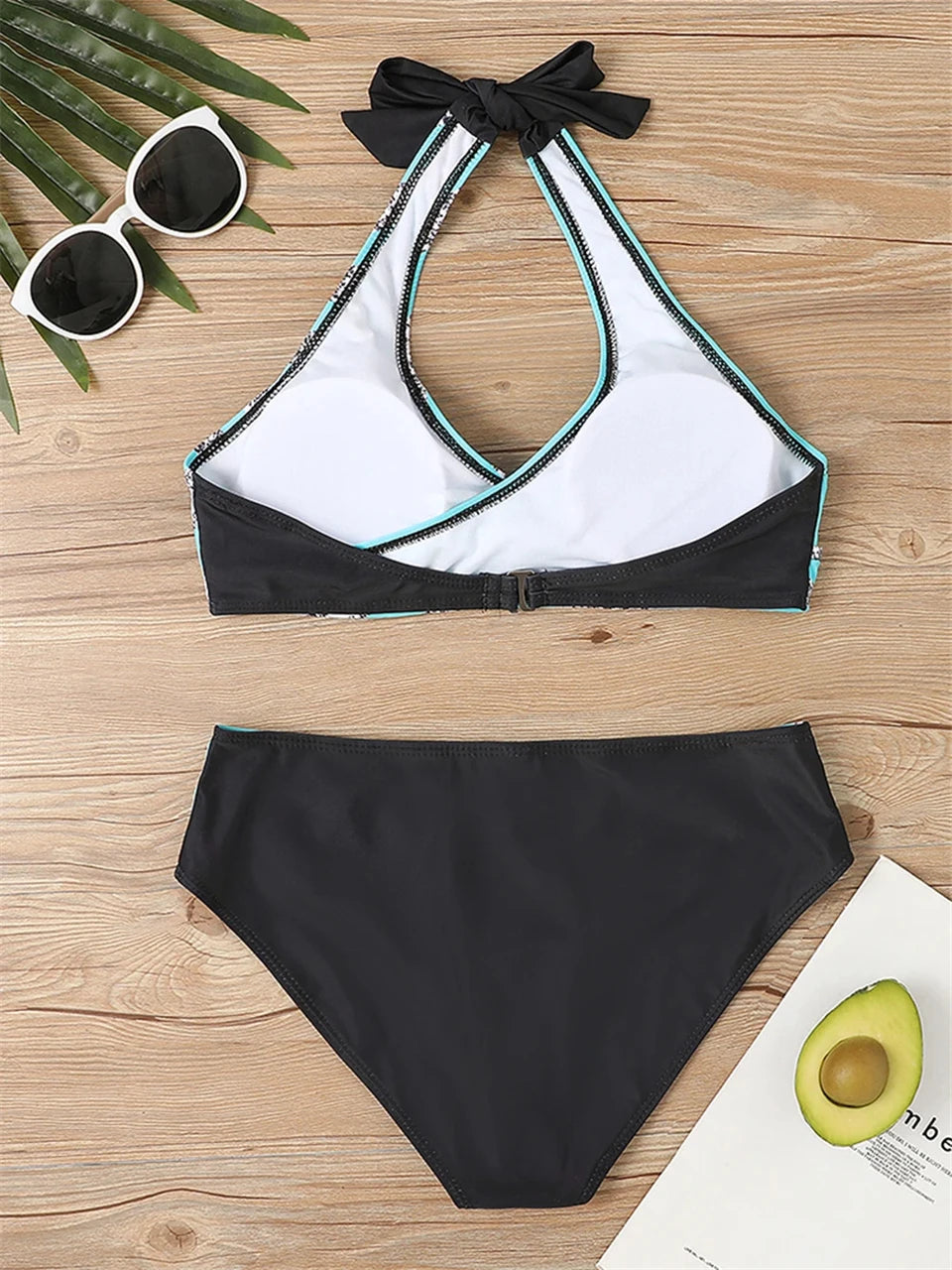 Conjunto de bikini con cuello en V 2024 para mujer, traje de baño de verano con estampado de rayas y patchwork, ropa de playa, traje de baño para mujer, talla 2XL