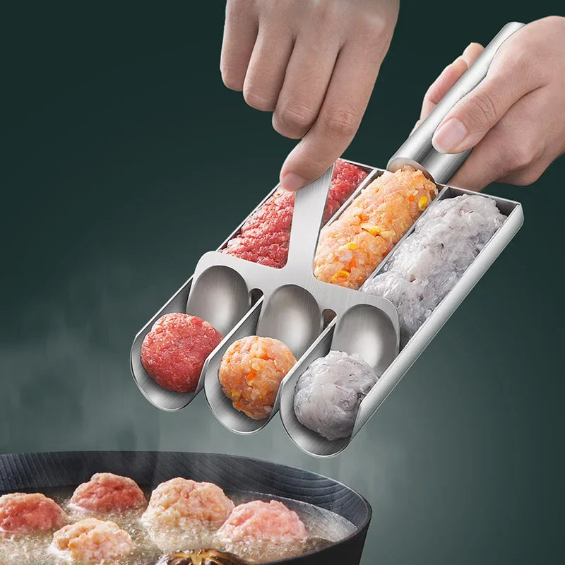 Molde de acero inoxidable para hacer albóndigas, ideal para preparar fácilmente albóndigas caseras, ensaladas y sándwiches, perfecto para cocinar en familia.