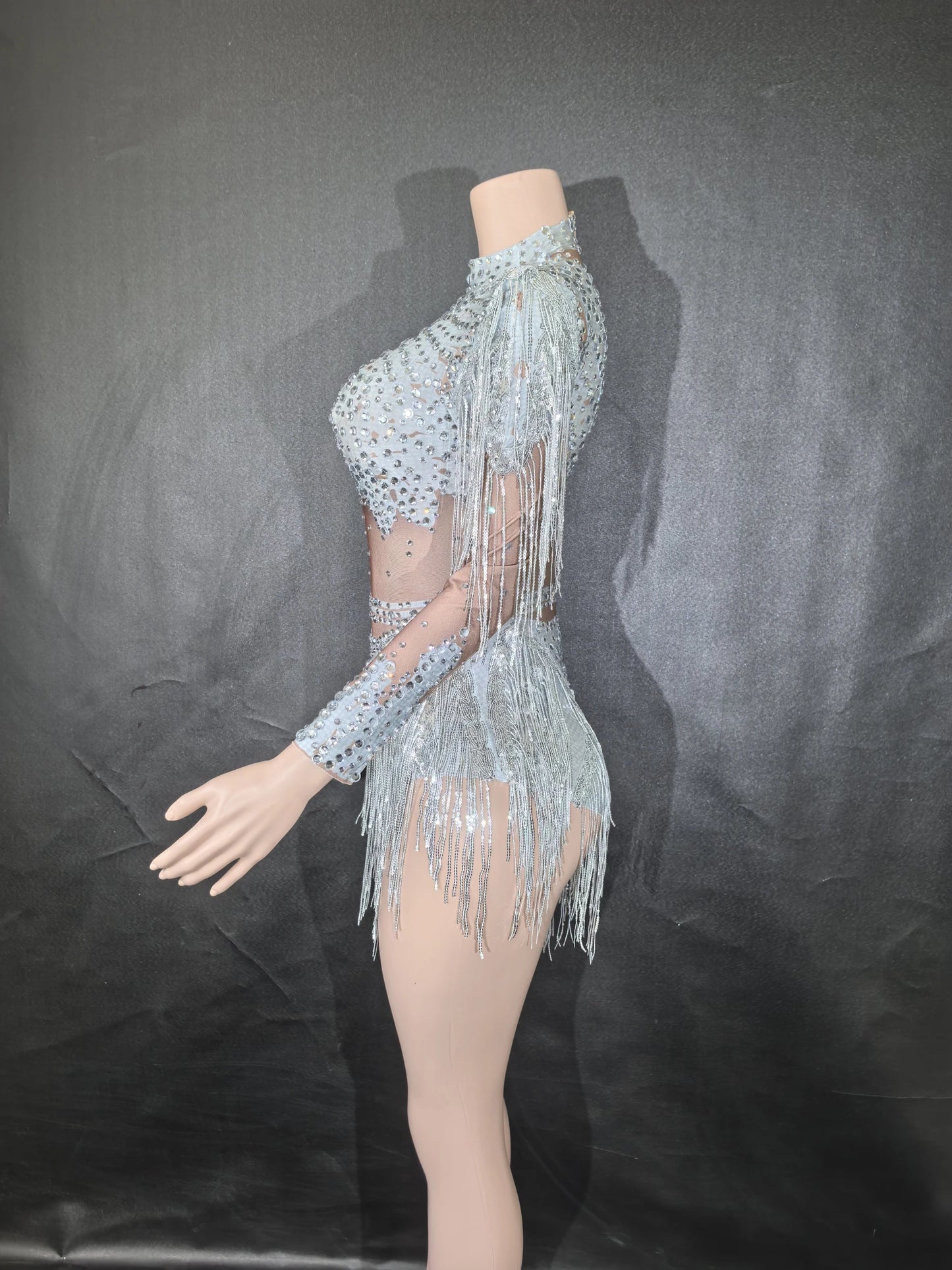 Sexy Skinny Leotard Singer Dancer Show StageWear Sparkly Blue Rhinestones Women DanceCostume Fringes One Shoulder Bodysuit 7G