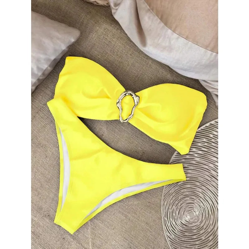 Conjuntos de bikini sin tirantes para mujer, traje de baño de dos piezas con efecto push up, bañadores sexys de color liso, ropa de playa sin espalda para mujer