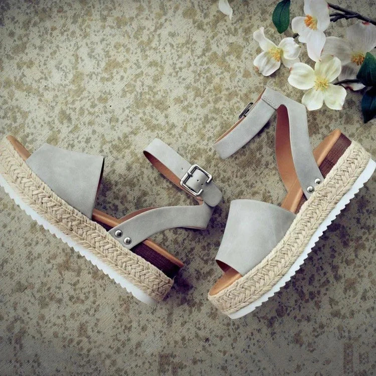 Sandalias de mujer de talla grande, estilo verano 2021, suela gruesa, diseño de hebilla y correa tejida, cómodas cuñas secas de EVA, sandalias romanas