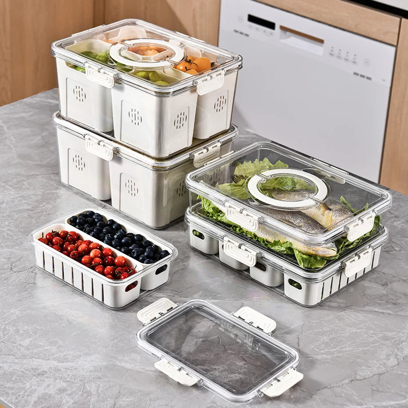 Caja de drenaje para cocina, contenedor de almacenamiento para intervalos, cesta de almacenamiento para refrigerador con asa, hecha de material PET, color blanco