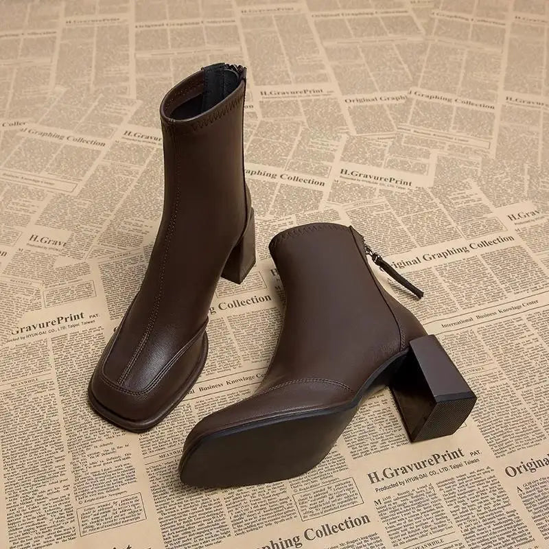 British Vintage Square Toe Ankle Boots Women 2025 Autumn Winter Thick High Heel Black Pu Boots Woman Cowboy Short Booties Shoes