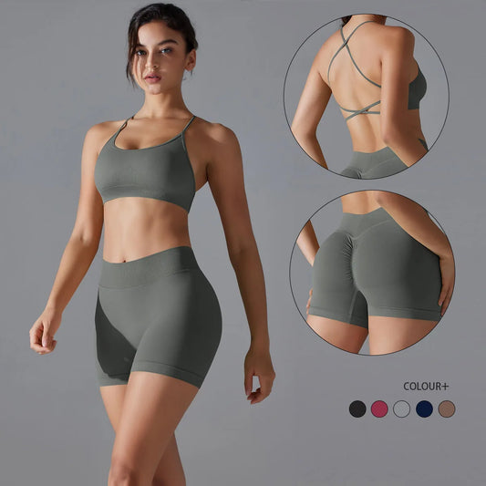 Conjunto deportivo de yoga, mallas de gimnasio de secado rápido, tirantes cruzados con absorción de impactos, pantalones cortos de ciclismo para mujer, entrenamiento de yoga.