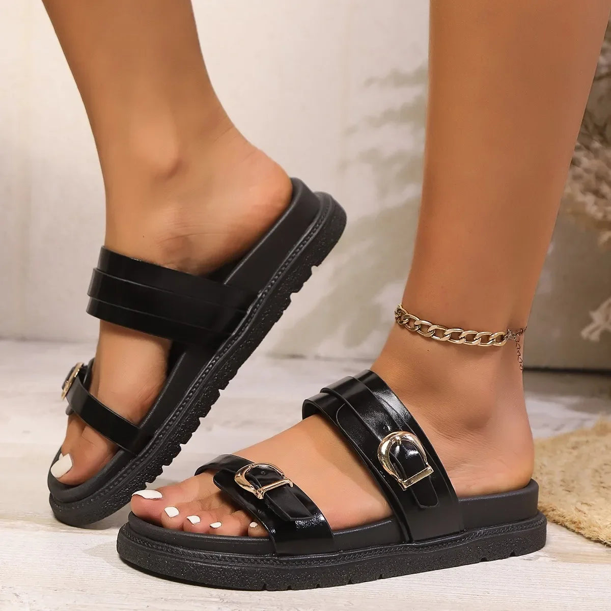 Sandalias de verano para mujer, de gran tamaño, sin cordones, con suela de goma y parte superior de cuero, cómodas zapatillas de casa.