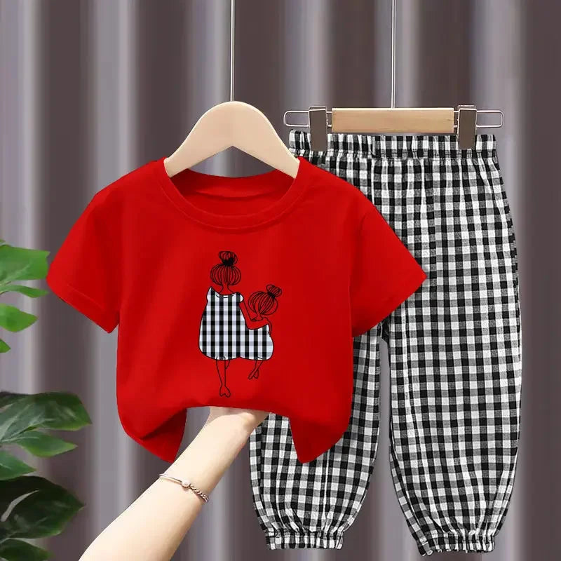 Conjuntos de ropa infantil para madre e hija: camiseta de manga corta estampada y pantalón a cuadros, ropa para niñas de 2 a 8 años